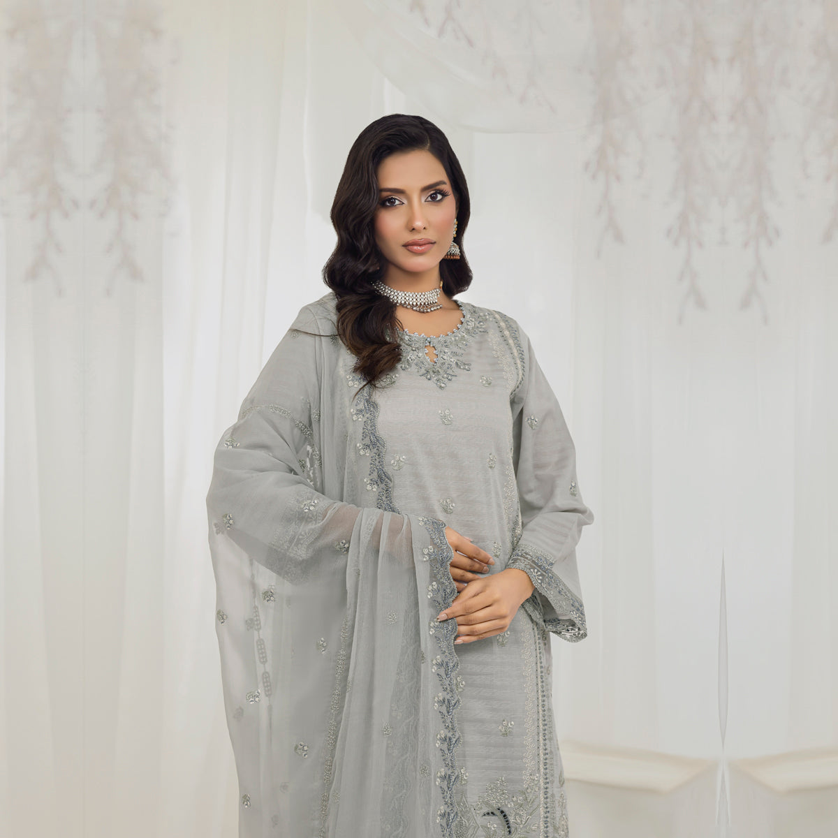 Silver Serenity 3-Piece Embroidered Suit