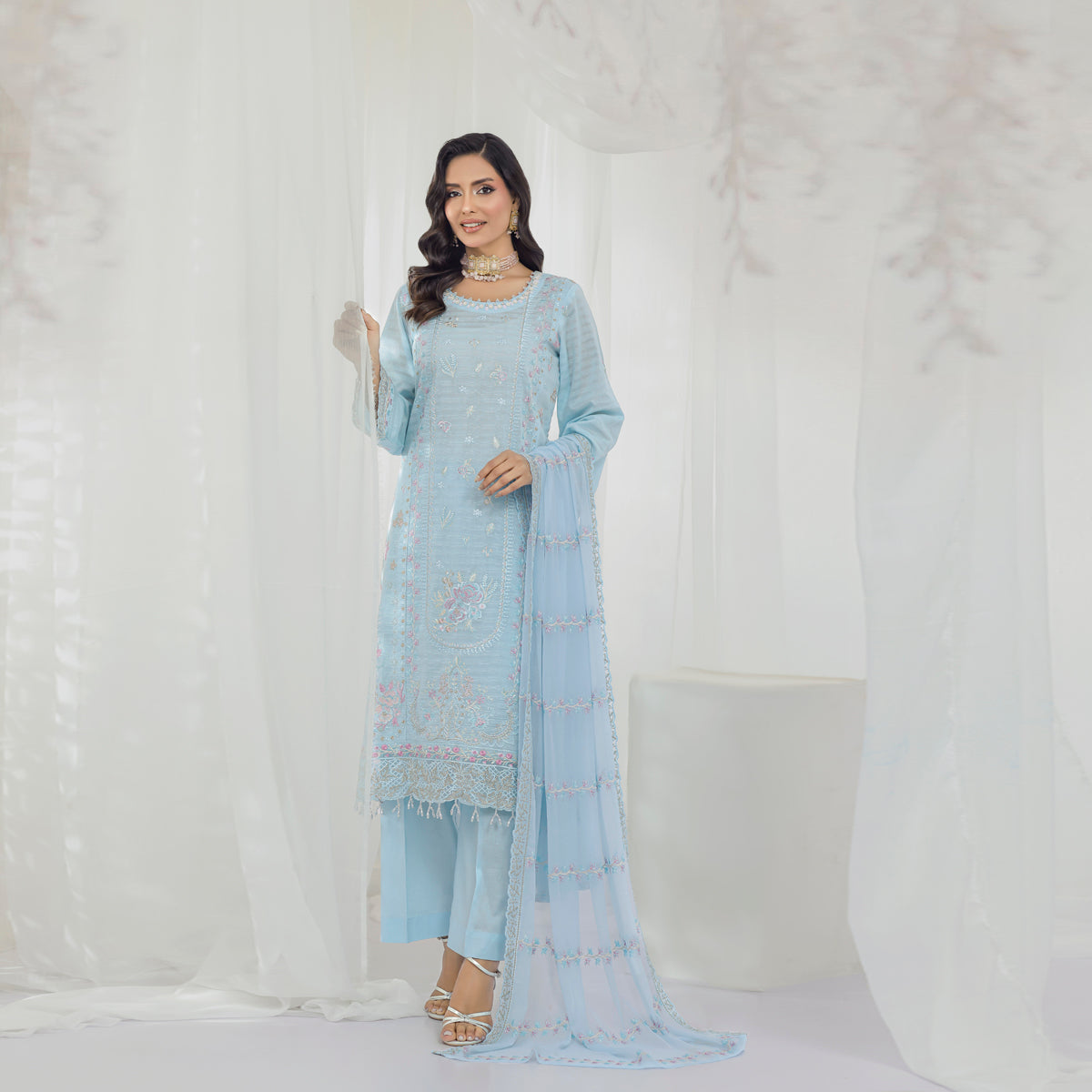 Serene Blue Embroidered 3-Piece Suit