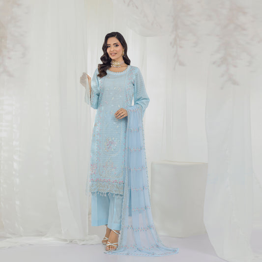 Serene Blue Embroidered 3-Piece Suit