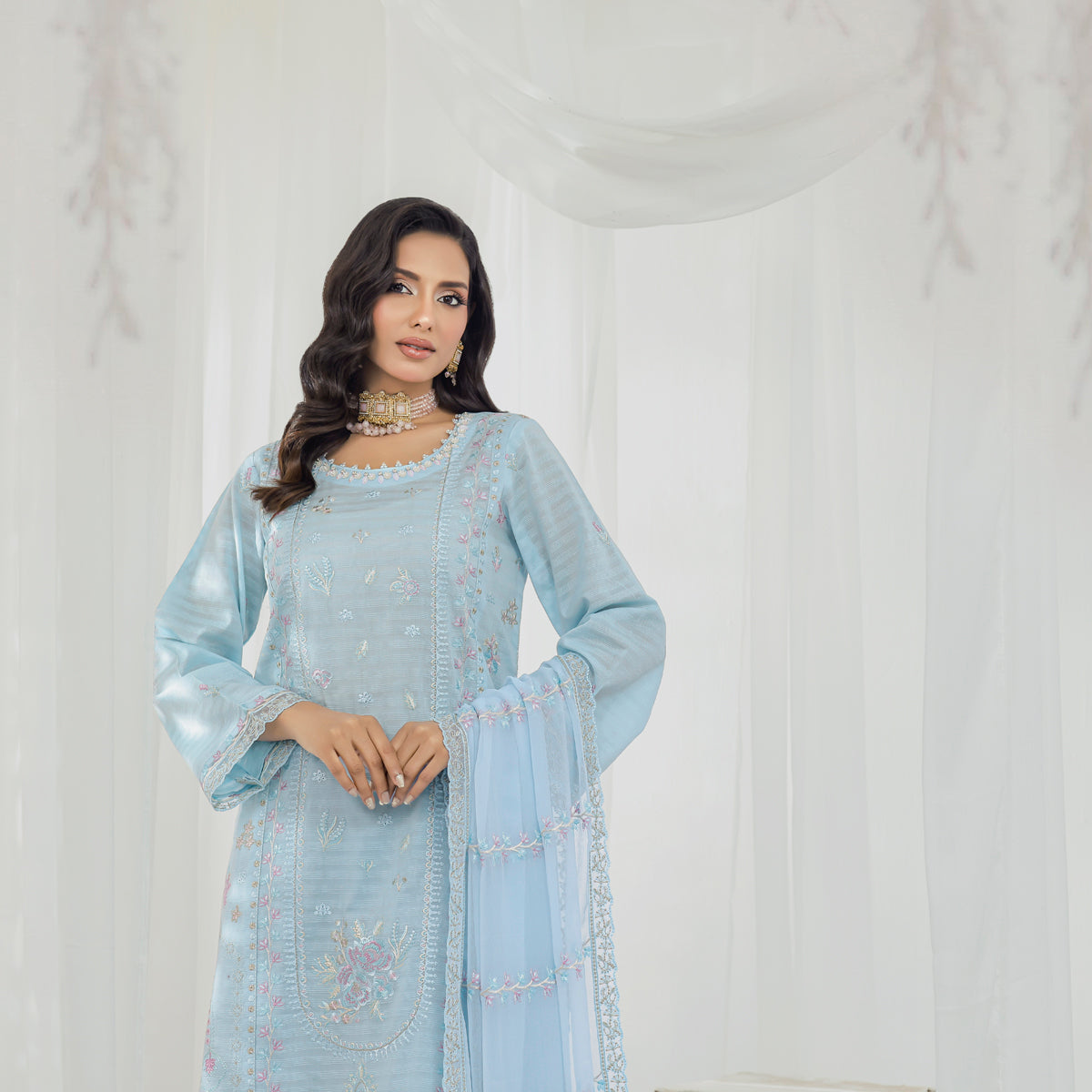 Serene Blue Embroidered 3-Piece Suit