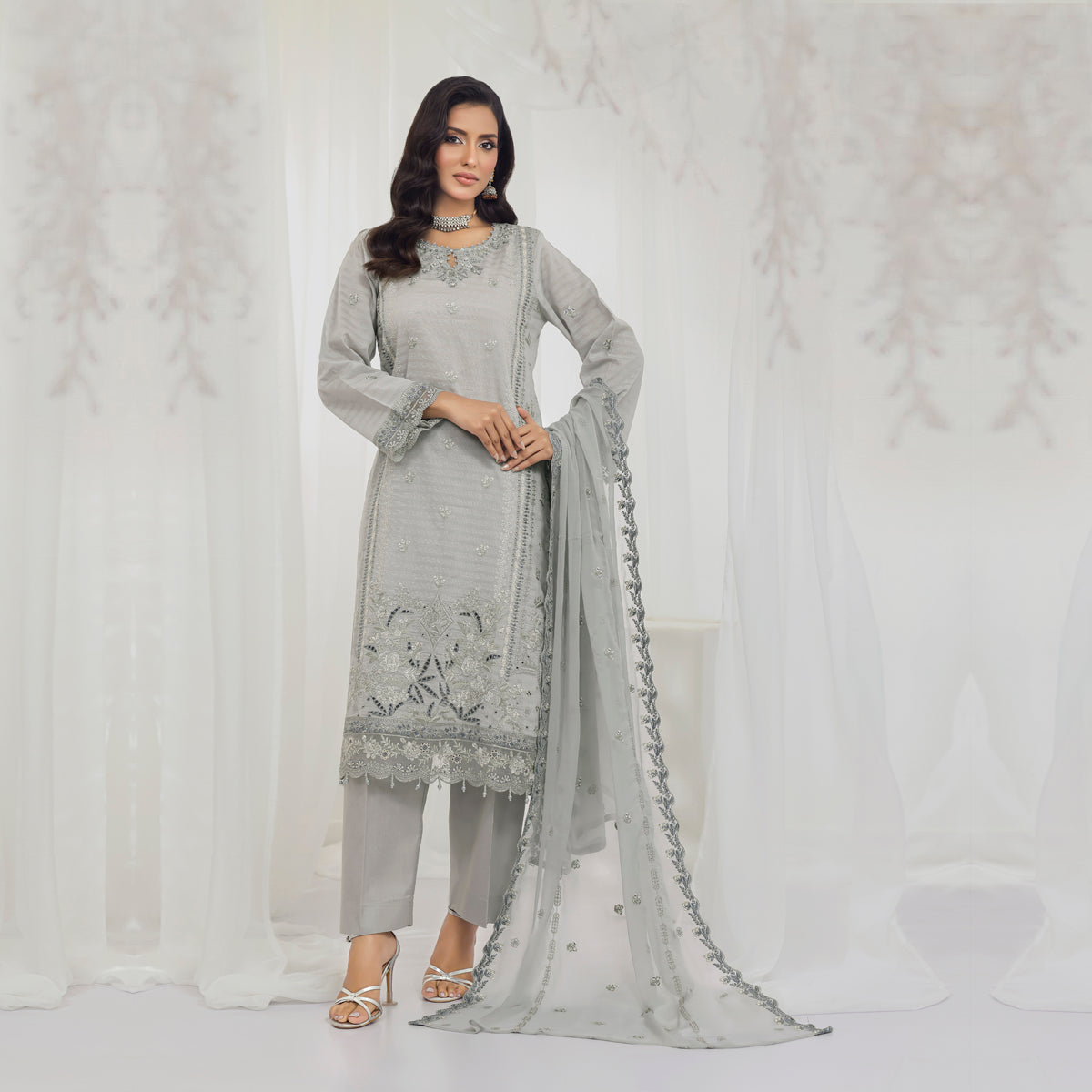 Silver Serenity 3-Piece Embroidered Suit