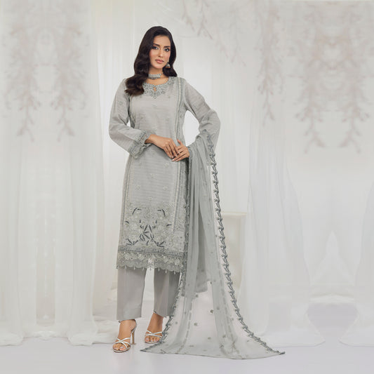 Silver Serenity 3-Piece Embroidered Suit